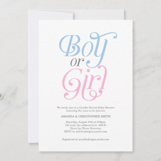 Invitation Garçon ou fille, rose et bleu, moderne, révélation (Devant)