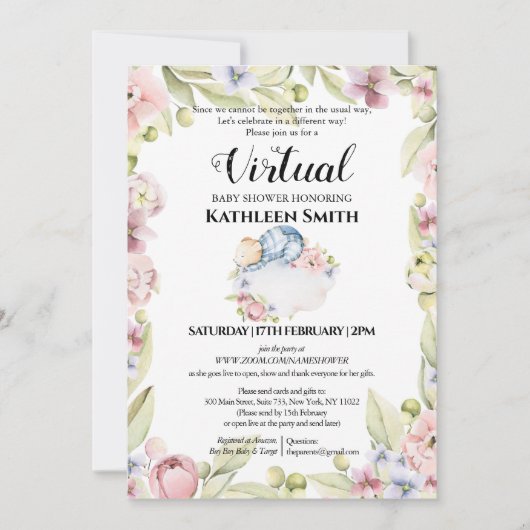 Invitation Garçon Ours Élégant Flore Verdure Douche virtuelle (Devant)