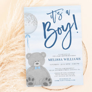 Invitation Garçon Ours en peluche Bleu Gris Ballon Baby Showe