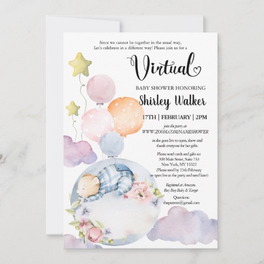 Invitation Garçon ours rose floral ballons Baby shower virtue (Devant)
