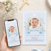 Invitation Garçon photo bleue fleurs blanches arche Baptême