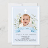 Invitation Garçon photo bleue fleurs blanches arche Baptême (Devant)