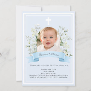 Invitation Garçon photo bleue fleurs blanches arche Baptême