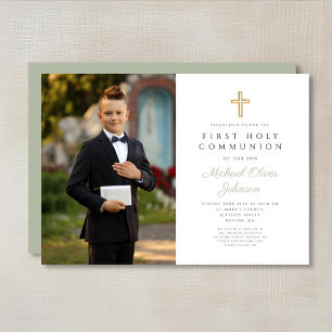 Invitation Garçon photo croix vert sauge Première communion
