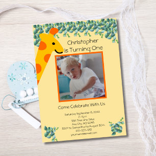 Invitation Garçon Photo Girafe 1er Anniversaire