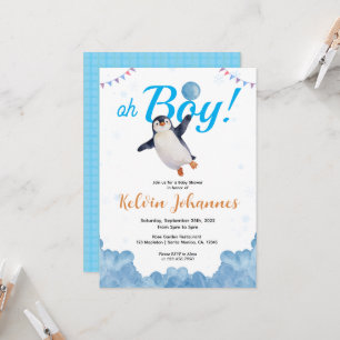 Invitation Garçon Pingouin Bébé Fête de Naissance Ballon Bleu