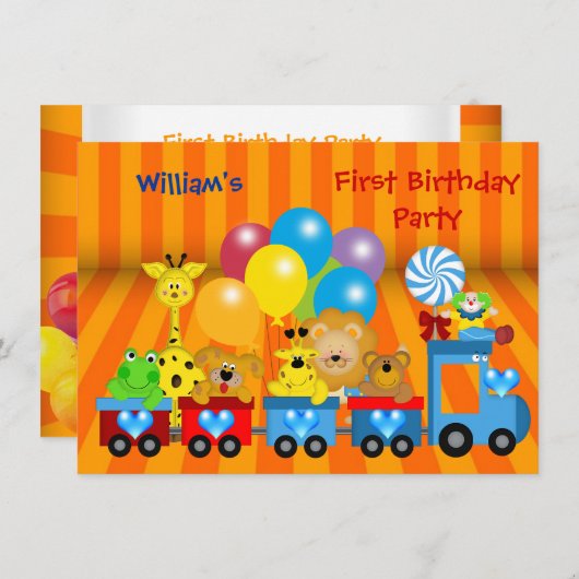 Invitation Garçon premier anniversaire 1er train Zoo Animaux (Devant / Derrière)
