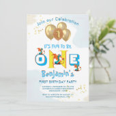 Invitation Garçon Premier Anniversaire Amusant One Dinosaur (Debout devant)