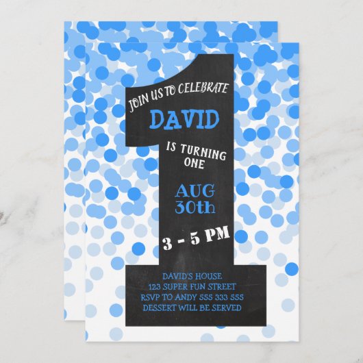 Invitation Garçon premier anniversaire moderne Chalkboard ble (Devant / Derrière)