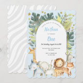 Invitation Garçon premier anniversaire safari jungle animaux (Devant / Derrière)