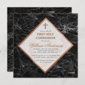 Invitation Garçon Première Communion Blanc Marbre noir Cuivre (Devant / Derrière)