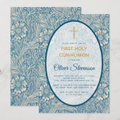 Invitation Garçon Première Communion Bleu Floral Souci Morris (Devant / Derrière)