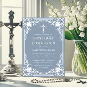 Invitation Garçon Première Communion Bleu Poussiéreux Cadre V