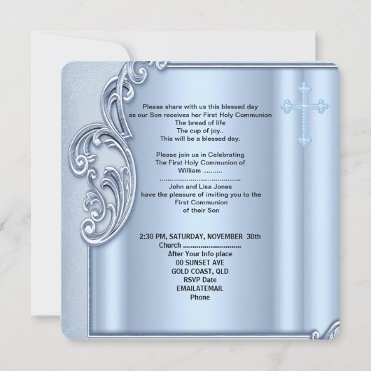 Invitation Garçon Première Communion Bleue Photo Confirmation (Dos)