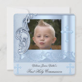 Invitation Garçon Première Communion Bleue Photo Confirmation (Devant)