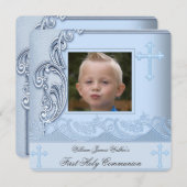 Invitation Garçon Première Communion Bleue Photo Confirmation (Devant / Derrière)
