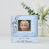 Invitation Garçon Première Communion Bleue Photo Confirmation (Debout devant)