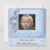 Invitation Garçon Première Communion Bleue Photo Confirmation (Devant)