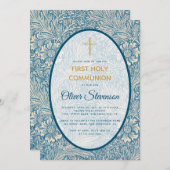 Invitation Garçon Première Communion Blue Floral Marigold Mor (Devant / Derrière)
