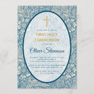Invitation Garçon Première Communion Blue Floral Marigold Mor