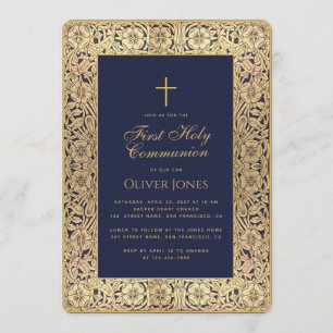 Invitation Garçon Première Communion Cadre Floral Bleu Or Élé