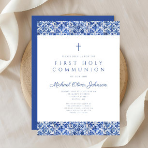 Invitation Garçon Première Communion Élégants Carreaux Bleus