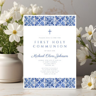 Invitation Garçon Première Communion Élégants Carreaux Bleus