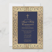 Invitation Garçon Première Communion Floral Gold Frame Bleu É (Devant)