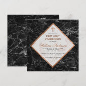 Invitation Garçon Première Communion Marbre Blanc Cuivre Noir (Devant / Derrière)