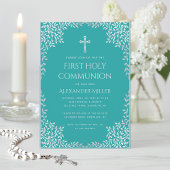 Invitation Garçon Première Communion Turquoise Élégant Feuill