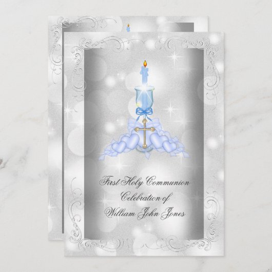 Invitation Garçon Première Sainte Communion Argent Bleu Garço (Devant / Derrière)