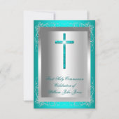 Invitation Garçon Première Sainte Communion Argent Jade Turqu (Devant)