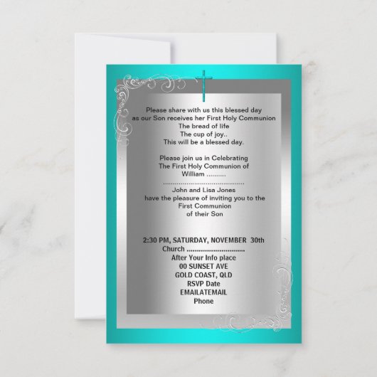 Invitation Garçon Première Sainte Communion Argent Jade Turqu (Dos)