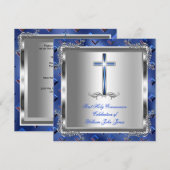 Invitation Garçon Première Sainte Communion Argent Royal Bleu (Devant / Derrière)