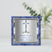 Invitation Garçon Première Sainte Communion Argent Royal Bleu (Debout devant)