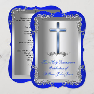 Invitation Garçon Première Sainte Communion Argent Royal Bleu