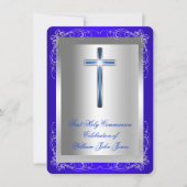 Invitation Garçon Première Sainte Communion Argent Royal Bleu (Devant)