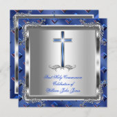 Invitation Garçon Première Sainte Communion Argent Royal Blue (Devant / Derrière)