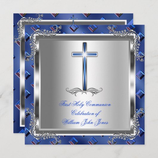Invitation Garçon Première Sainte Communion Argent Royal Blue (Devant / Derrière)