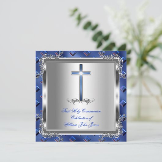 Invitation Garçon Première Sainte Communion Argent Royal Blue (Debout devant)