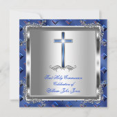 Invitation Garçon Première Sainte Communion Argent Royal Blue (Devant)