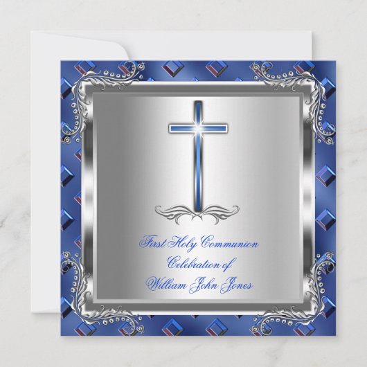 Invitation Garçon Première Sainte Communion Argent Royal Blue (Devant)