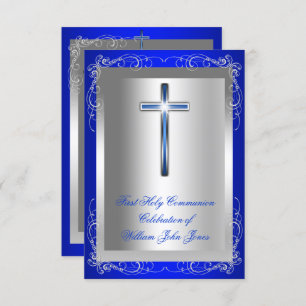 Invitation Garçon Première Sainte Communion Argent Royal Blue