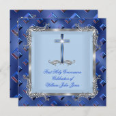 Invitation Garçon Première Sainte Communion Argent Royal Blue (Devant / Derrière)