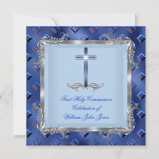 Invitation Garçon Première Sainte Communion Argent Royal Blue (Devant)