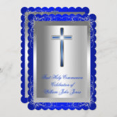Invitation Garçon Première Sainte Communion Argent Royal Blue (Devant / Derrière)