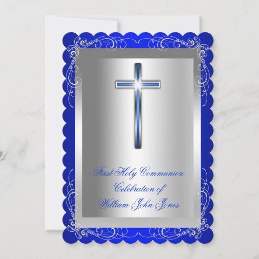 Invitation Garçon Première Sainte Communion Argent Royal Blue (Devant)