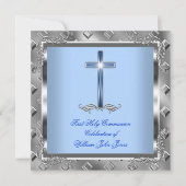 Invitation Garçon Première Sainte Communion Argent Royal Blue (Devant)