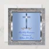 Invitation Garçon Première Sainte Communion Argent Royal Blue (Devant)