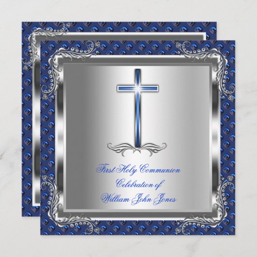 Invitation Garçon Première Sainte Communion Argent Royal Blue (Devant / Derrière)